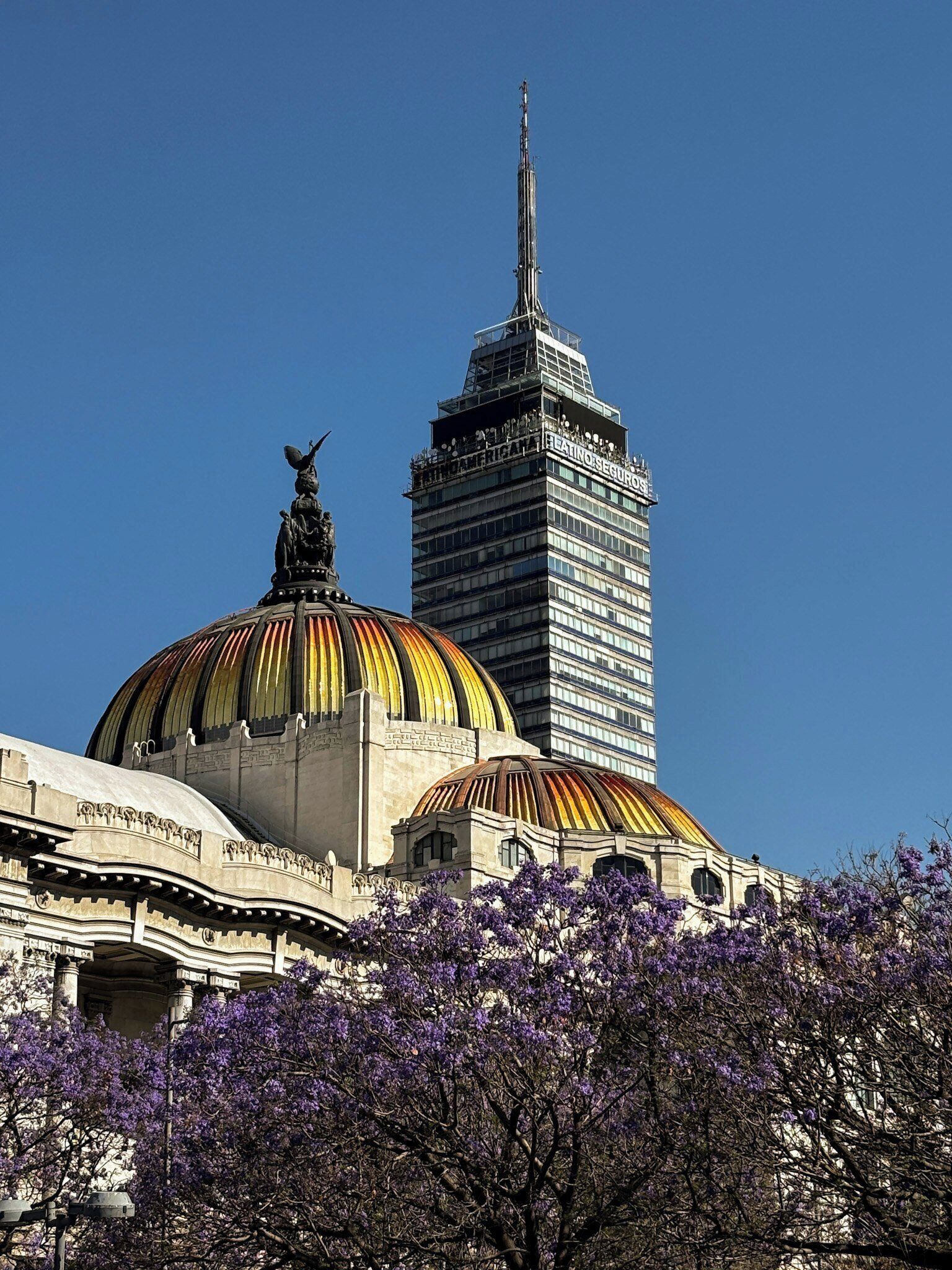 A building with a large dome and a statue on top, a tall skyscraper in the background, and purple flowering trees in the foreground.