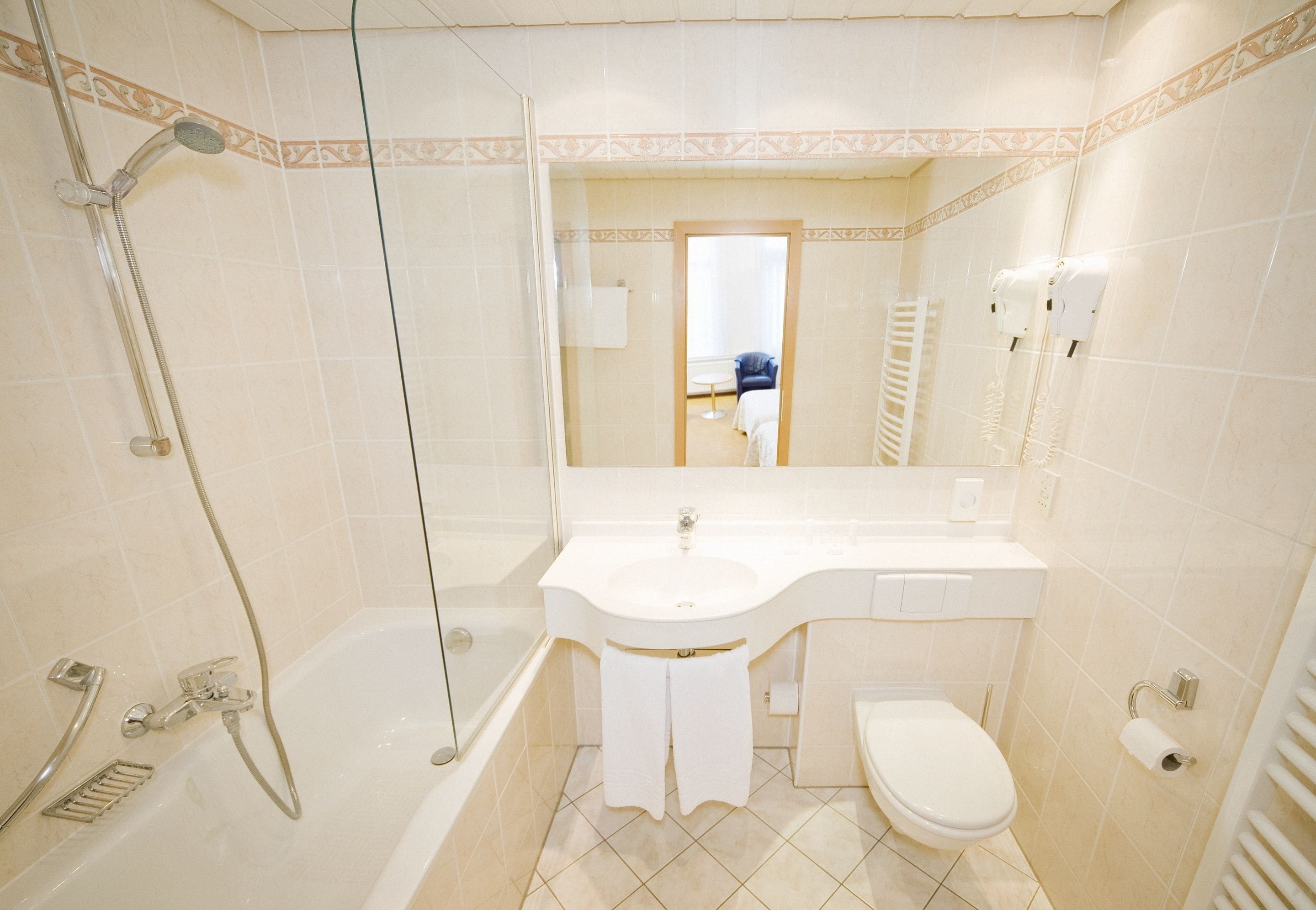 comfort room | bathroom | shower, free toiletries, hair dryer, towels