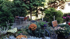 A garden patio with outdoor seating and a variety of plants and flowers.