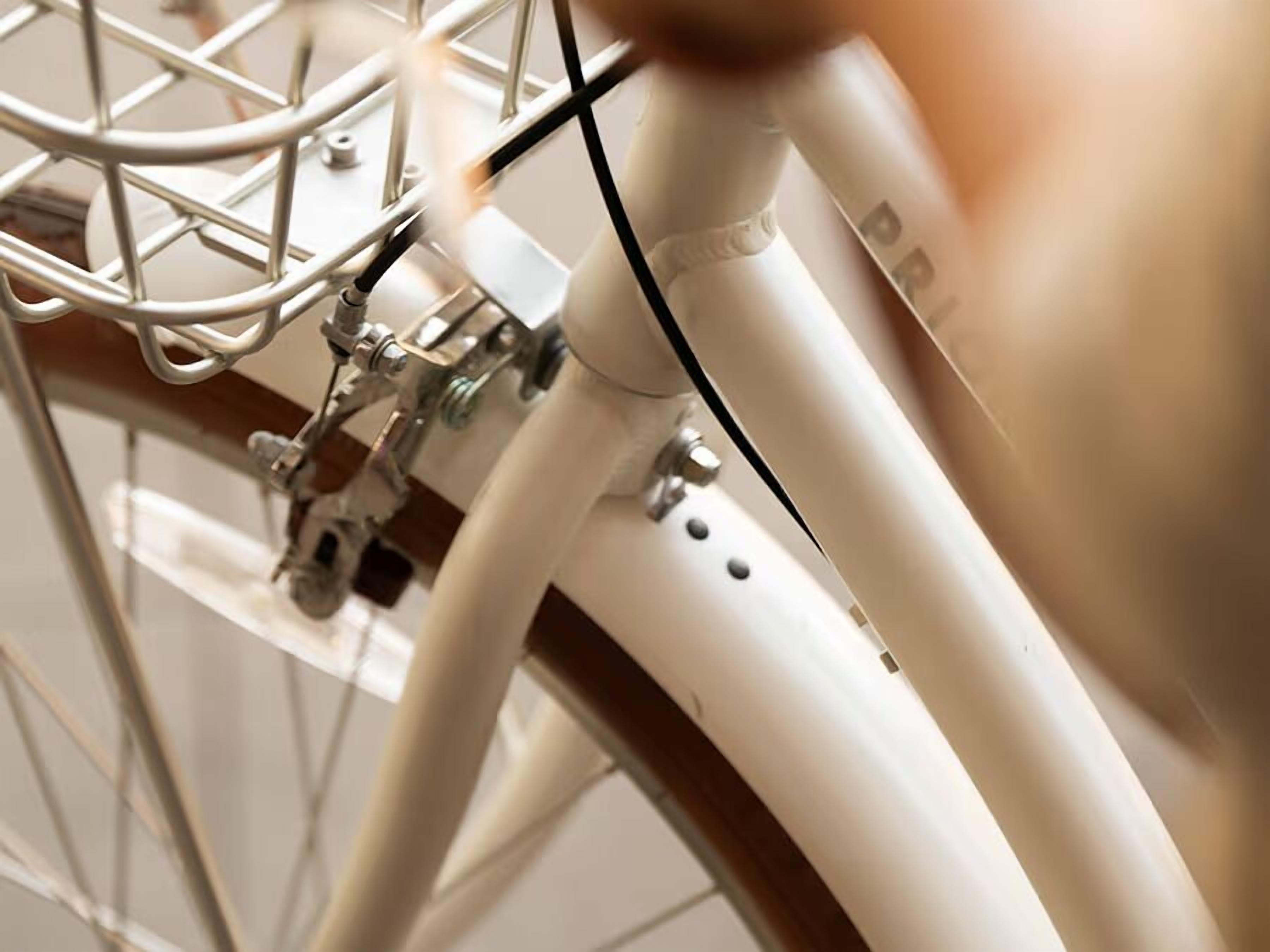 A close-up of a bicycle's front wheel and fork, with a metal rack attached to the front fork.