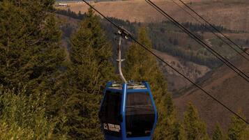 Un teleférico suspendido sobre un paisaje montañoso con bosques densos abajo.
