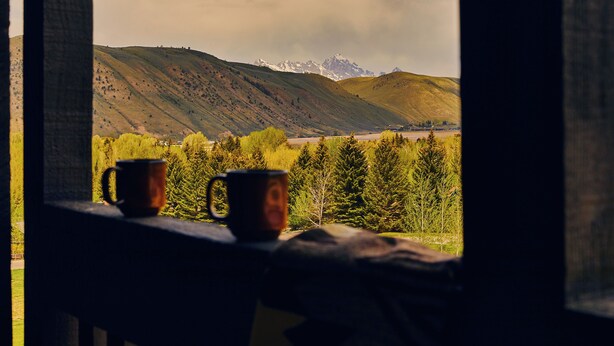 A view through a window with two mugs on a ledge, overlooking a valley with trees and distant mountains.