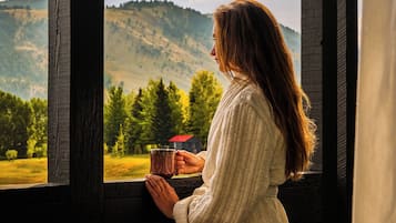 A person standing by a window with a view of a mountainous landscape.