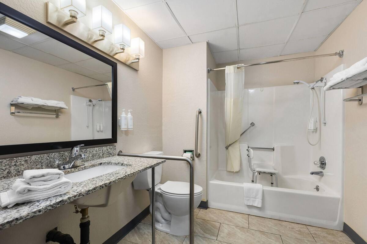 A bathroom with a sink, toilet, and a walk-in shower with grab bars.