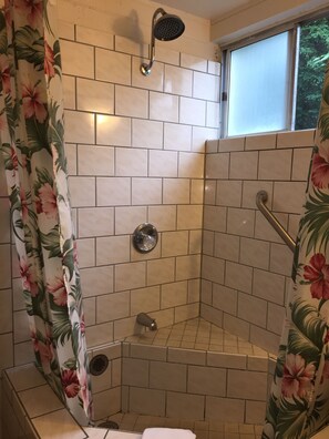 Superior Studio, 1 Queen Bed, Kitchen | Bathroom | Combined shower/bathtub, free toiletries, hair dryer, towels - Dolphin Bay Hotel (Hilo)
