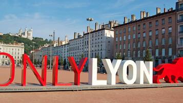 A sign with 'ONLY LYON' in large letters, a paved area, and buildings in the background.