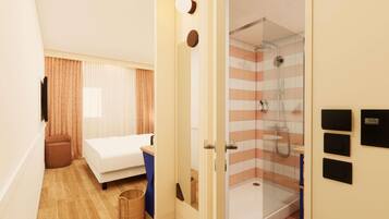 A hotel room with a bed, a desk, a shower, and a small balcony.