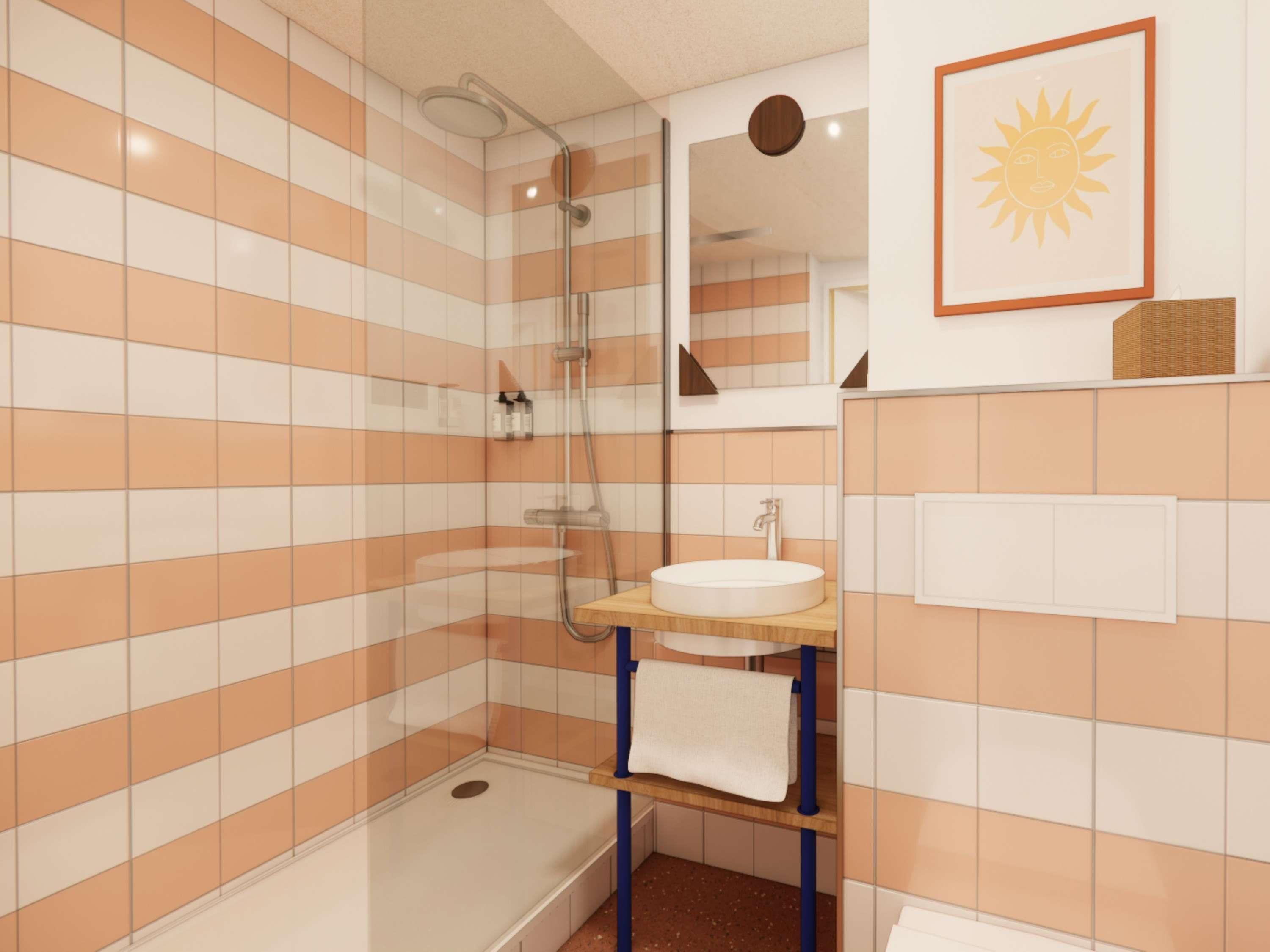 Baño con ducha, lavamanos y espejo.