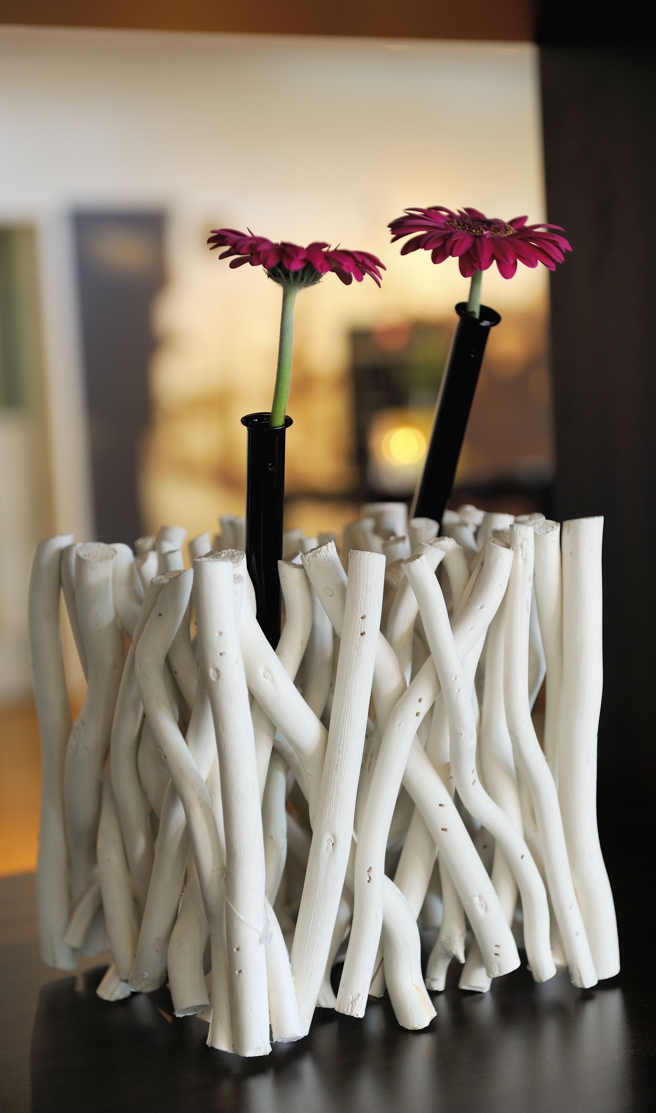 A unique vase with a modern design, featuring two flowers.