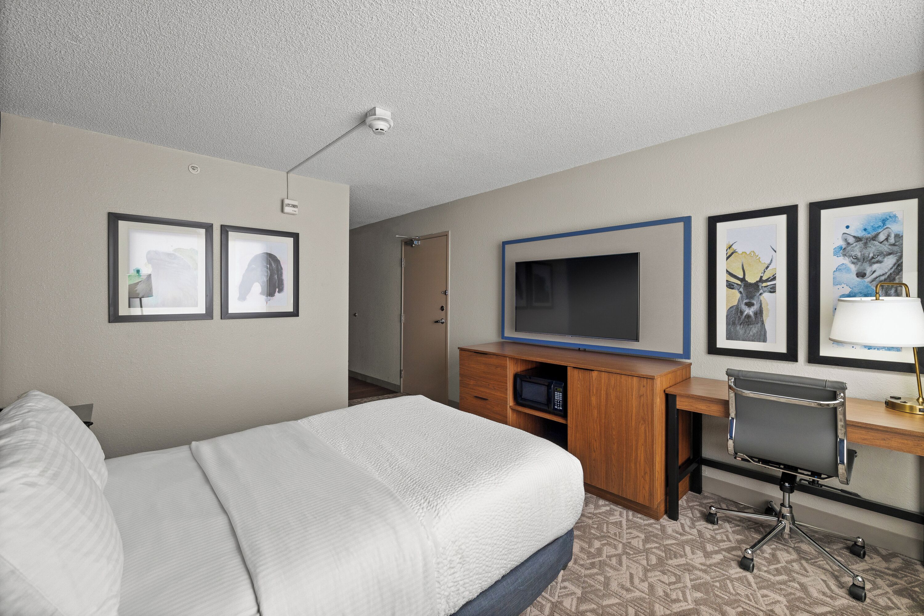 Una habitación de hotel con una cama, un escritorio con computadora, un televisor y obras de arte enmarcadas en las paredes.