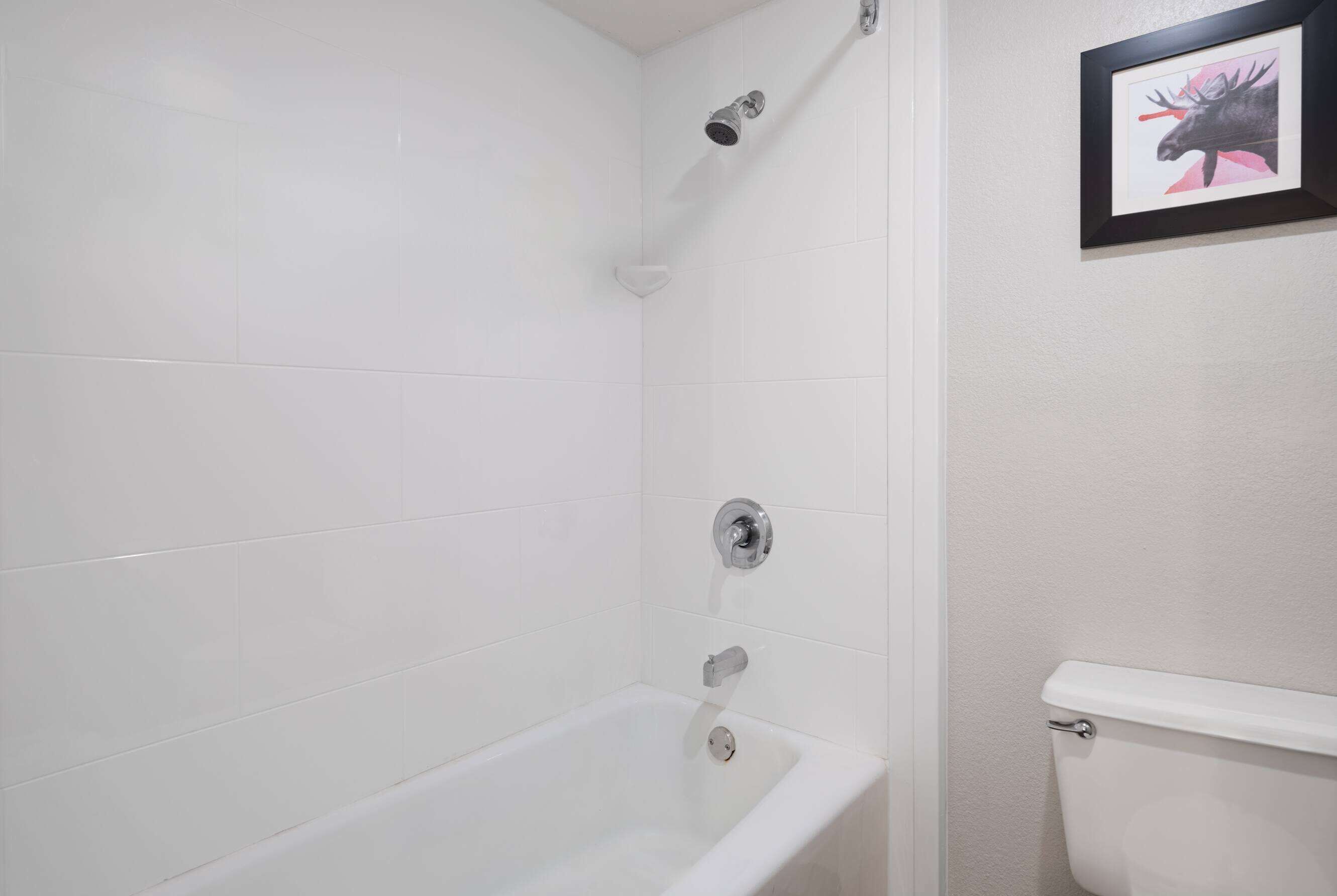 Un baño con una bañera blanca, un cabezal de ducha y un inodoro.