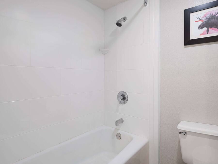 Un baño con una bañera blanca, un cabezal de ducha y un inodoro.