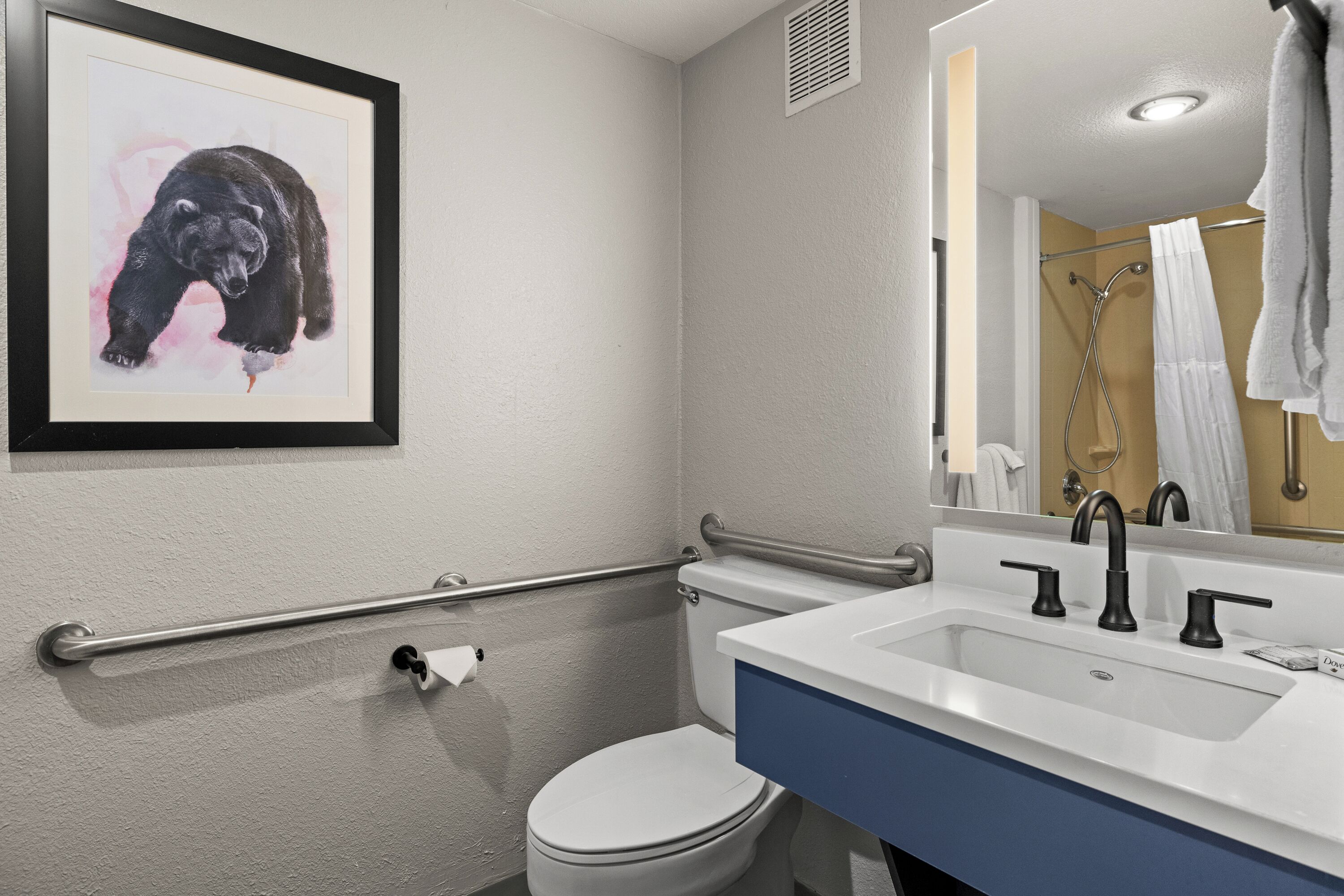 Un baño con inodoro blanco, un lavabo con grifos negros, un cuadro de un oso enmarcado en la pared y un espejo que refleja un perchero.