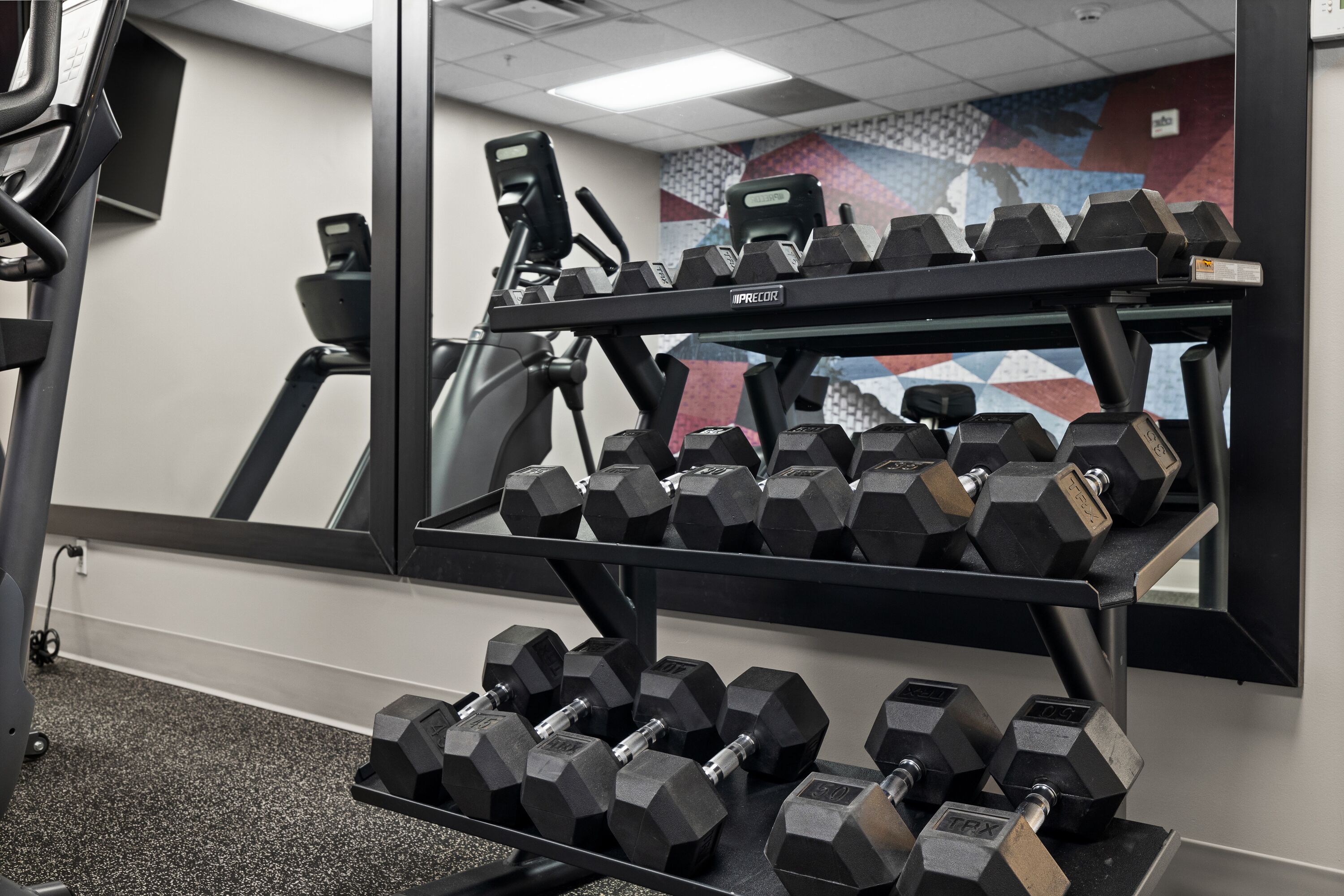 A gym with a mirrored wall, exercise equipment, and a patterned wall mural.