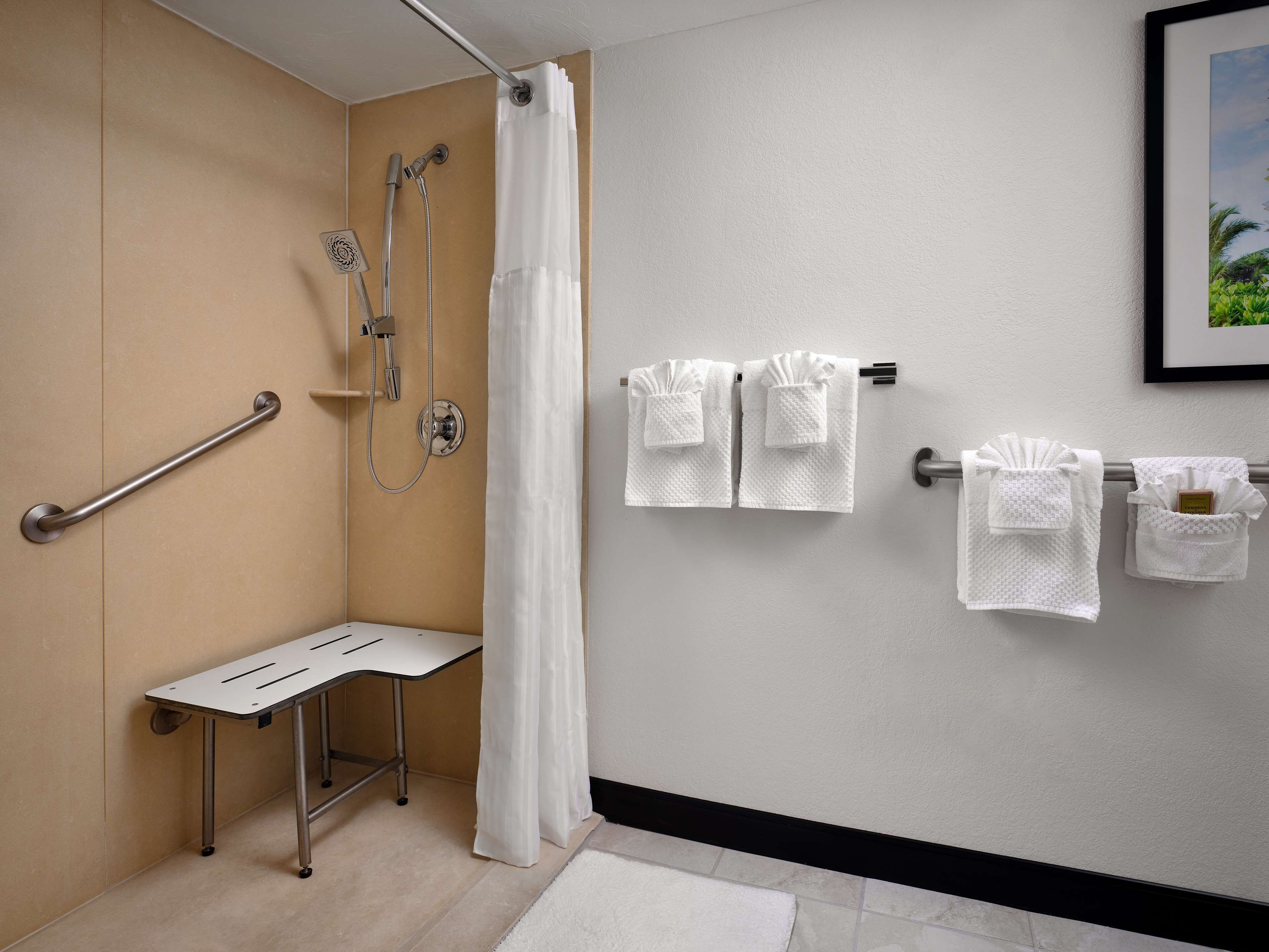 Un baño con ducha, barra de apoyo, toallero y un cuadro en la pared.