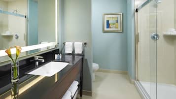 Une salle de bain moderne avec un plan de toilette noir, un lavabo blanc et une douche à parois de verre.