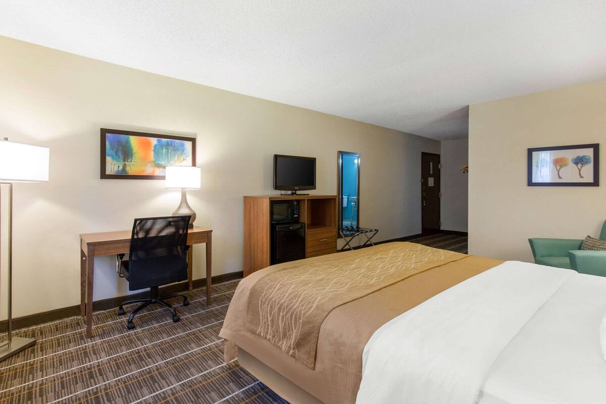 A hotel room with a bed, desk, chair, television, and artwork on the walls.