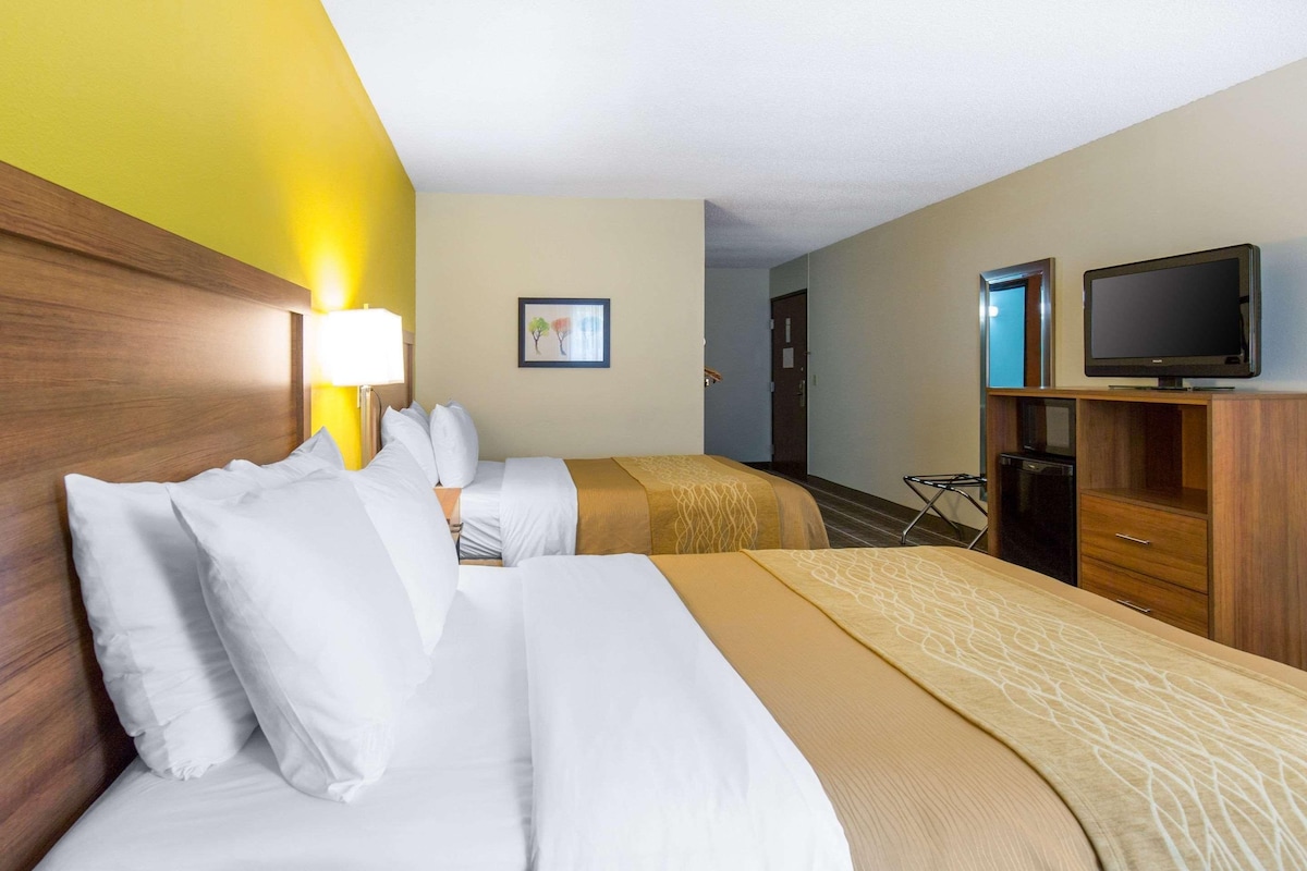 A hotel room with two beds, a television, and a desk.