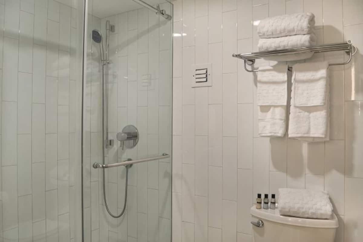 Une douche fermée par des parois en verre, dotée d’un pommeau de douche à main, d’un porte-serviettes avec des serviettes pliées et d’une petite étagère contenant des articles de toilette.