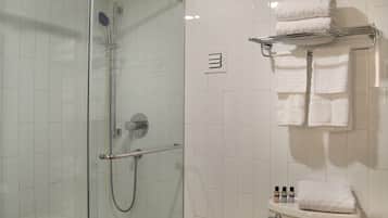 Shower, free toiletries, hair dryer, towels