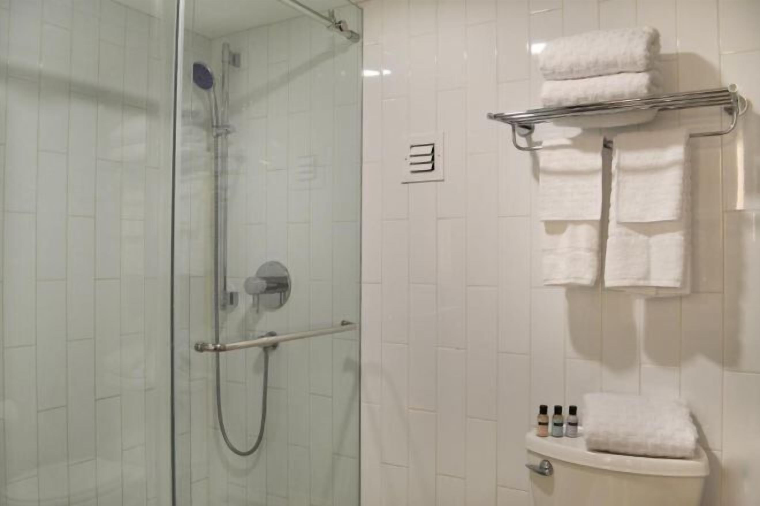 Shower, free toiletries, hair dryer, towels