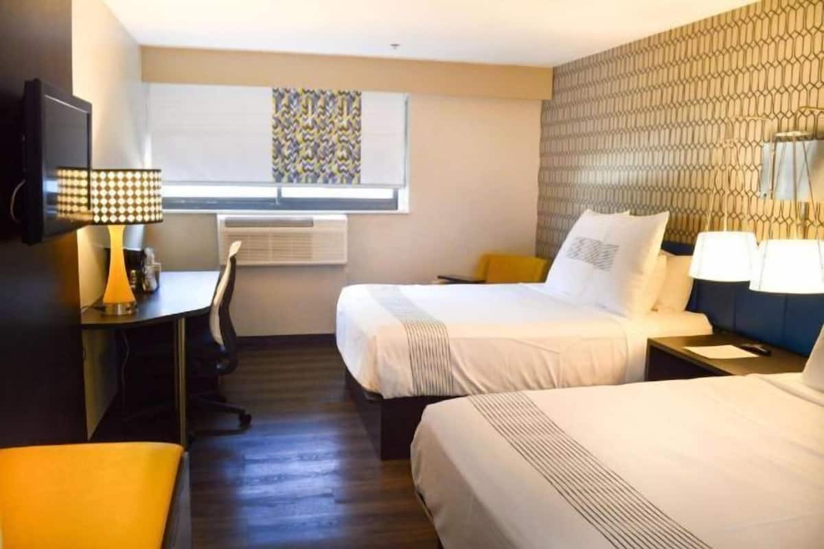 Desk, laptop workspace, blackout curtains, iron/ironing board