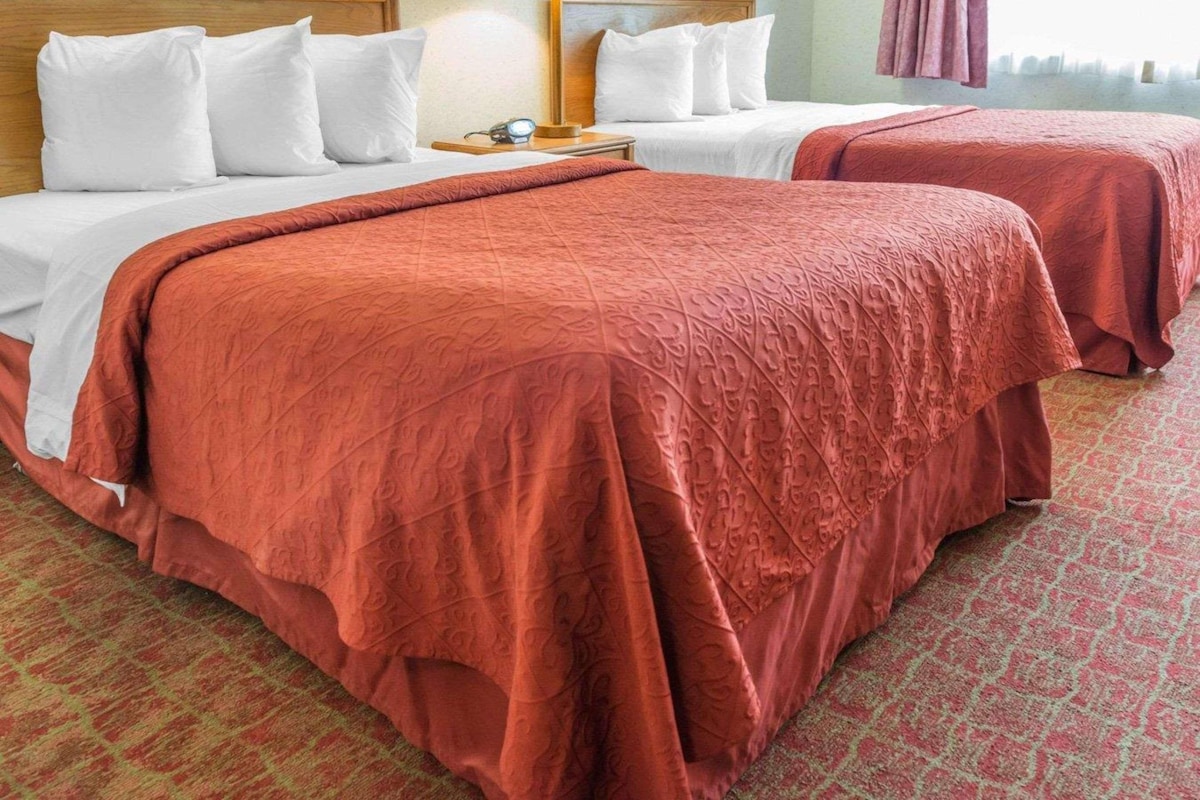 A hotel room with two beds, each with white bedding and a red blanket. There is a nightstand with a lamp and a telephone.