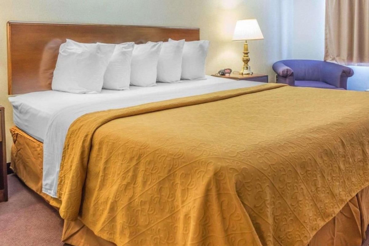 A hotel room with a large bed, a bedside table with a lamp, and a chair.