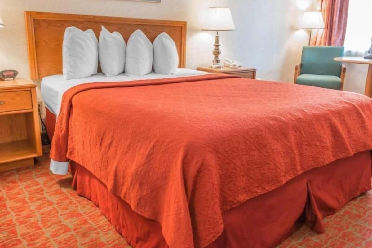 A hotel room with a bed, a nightstand, a lamp, a chair, and a window with curtains.