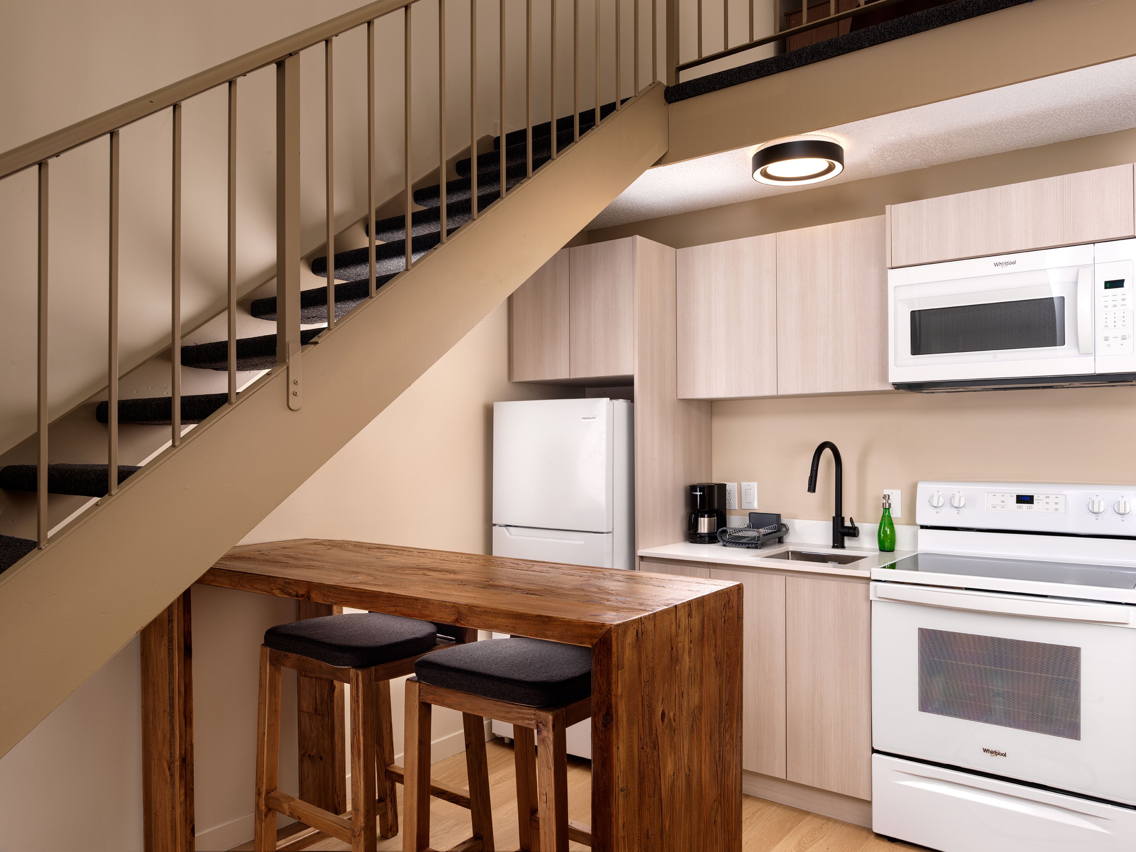 fridge, espresso maker, coffee/tea maker, electric kettle