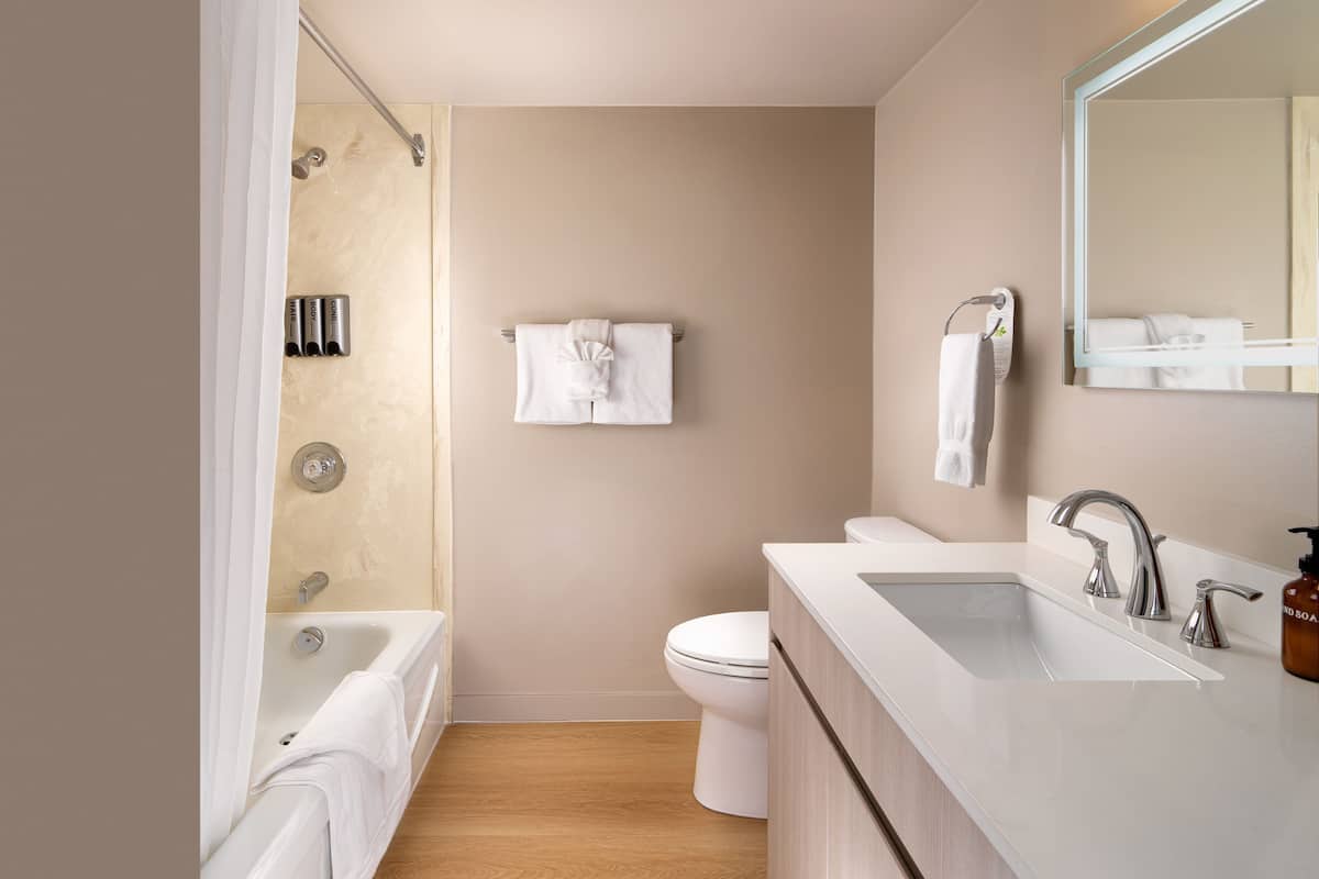 Combined shower/bathtub, eco-friendly toiletries, hair dryer, towels