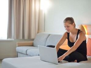 In-room safe, desk, laptop workspace, blackout drapes