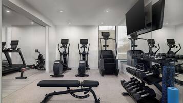 A modern gym with treadmills, elliptical machines, a bench, and a weight rack.