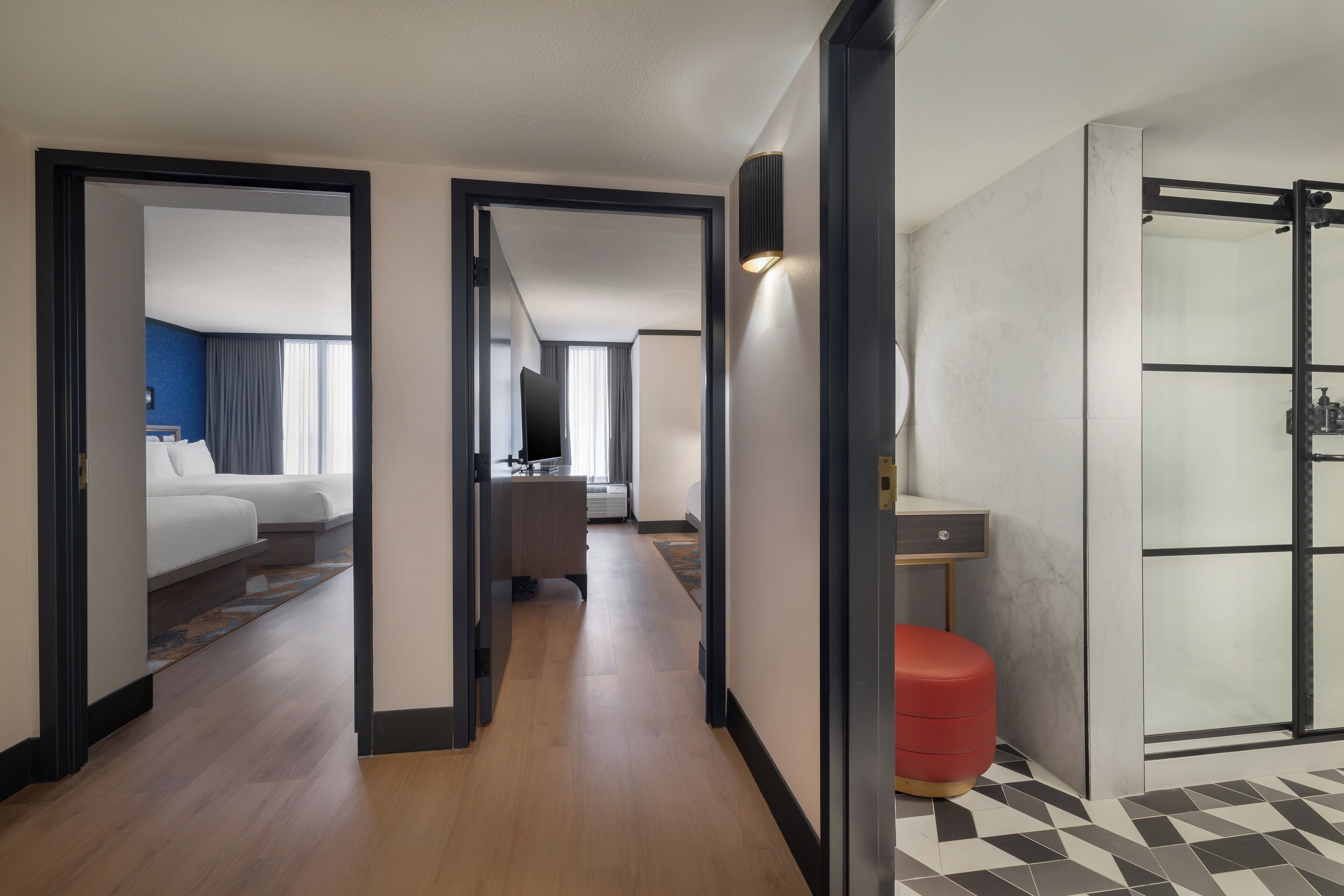 Suite, 2 Bedrooms | Desk, laptop workspace, blackout drapes, iron/ironing board