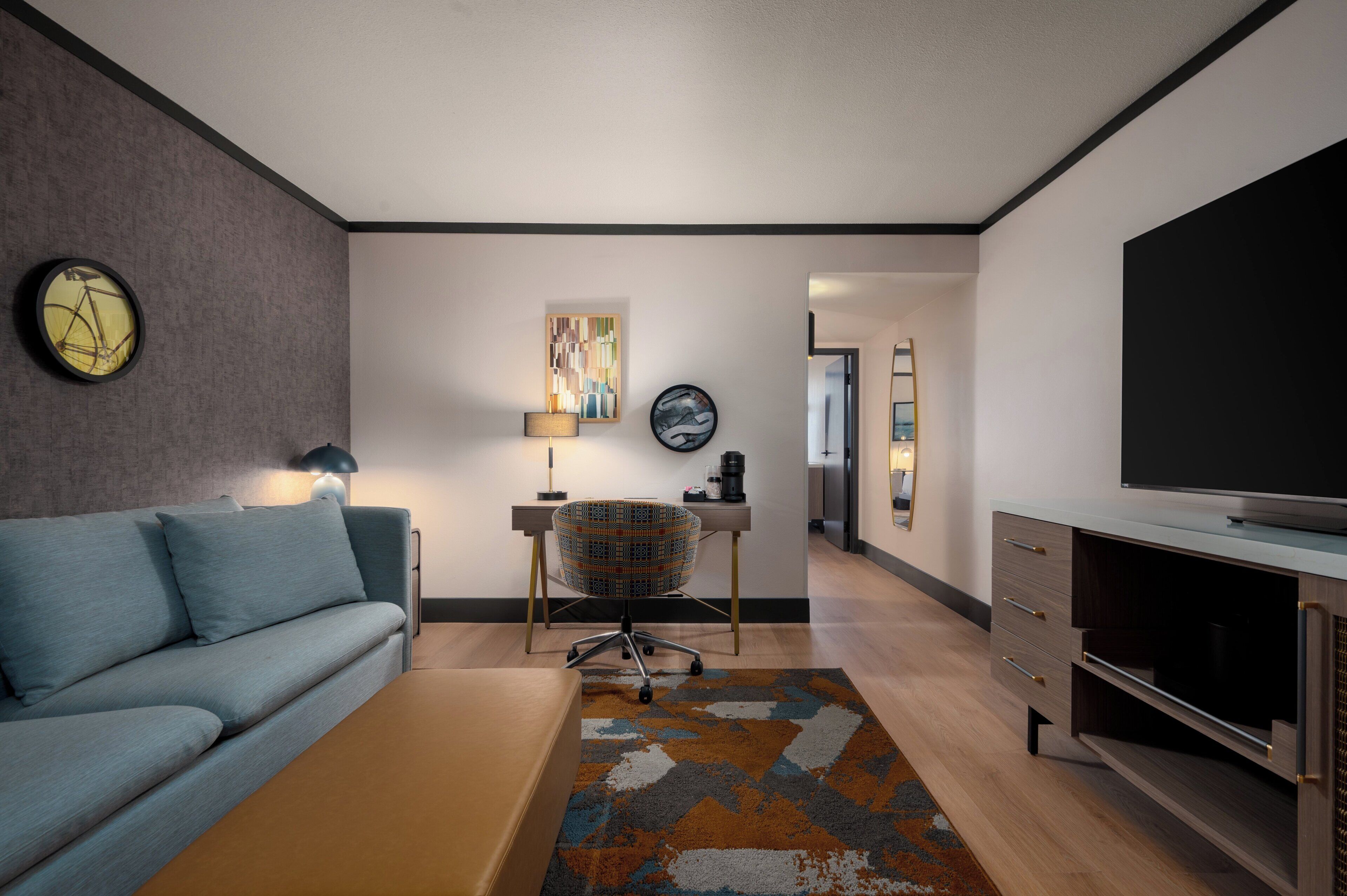 1 bedroom, desk, laptop workspace, blackout curtains