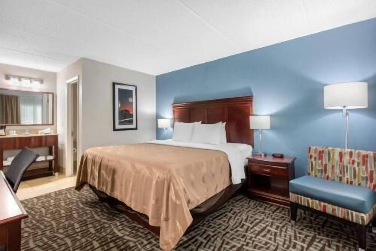A hotel room with a bed, bedside table, lamp, chair, desk, and a framed picture on the wall.