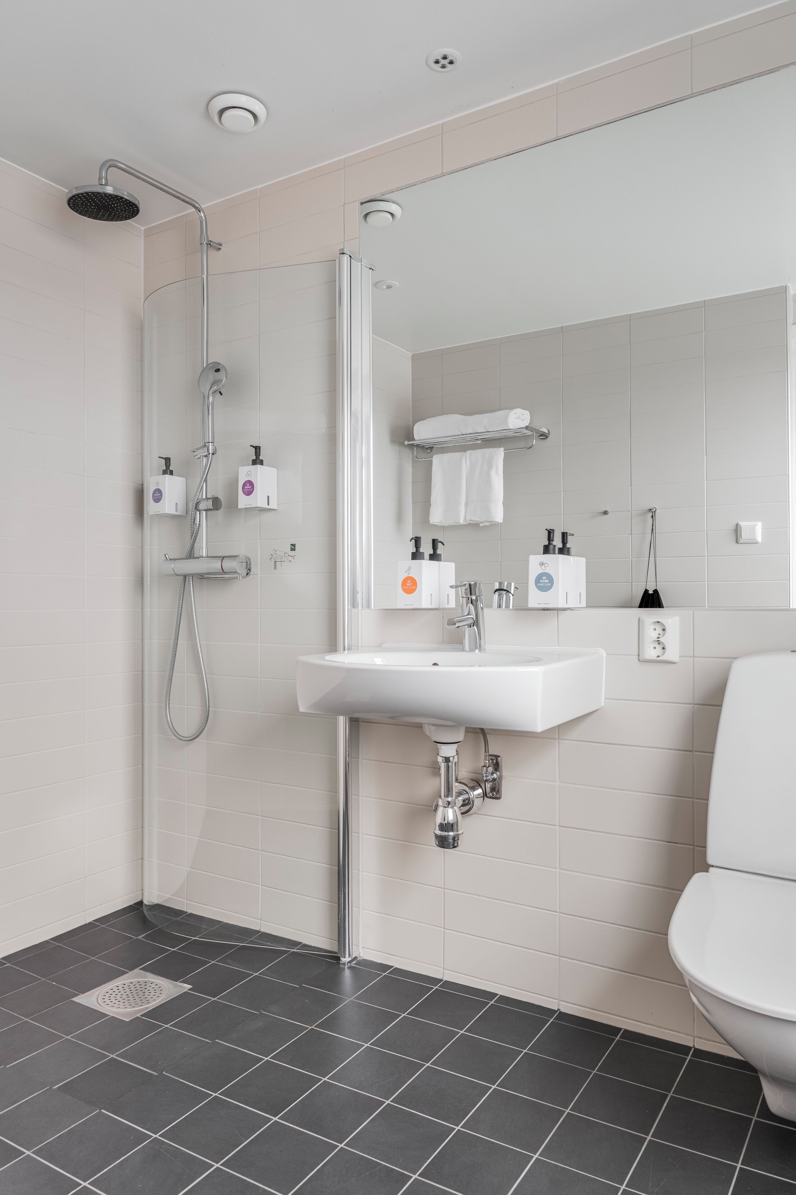 Une salle de bain moderne équipée d’une douche, d’un lavabo et de toilettes.