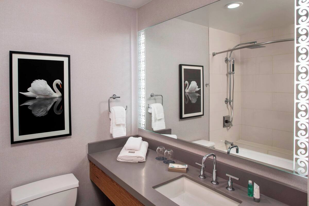 Un baño moderno con un espejo grande, un inodoro, un lavabo y dos cuadros de cisnes enmarcados en la pared.