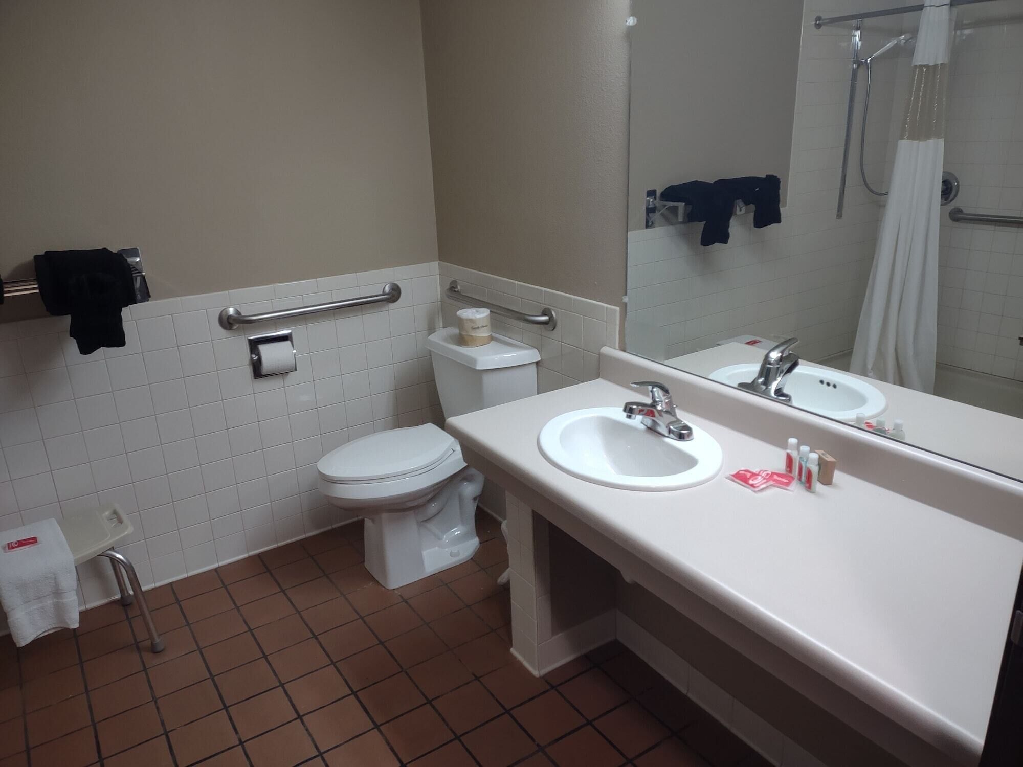 A bathroom with a toilet, bidet, sink, and mirror.