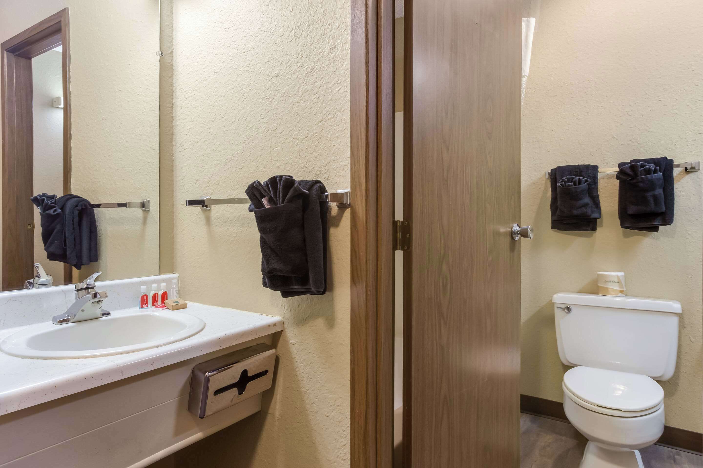 Un baño con lavamanos, espejo, toallero y retrete.