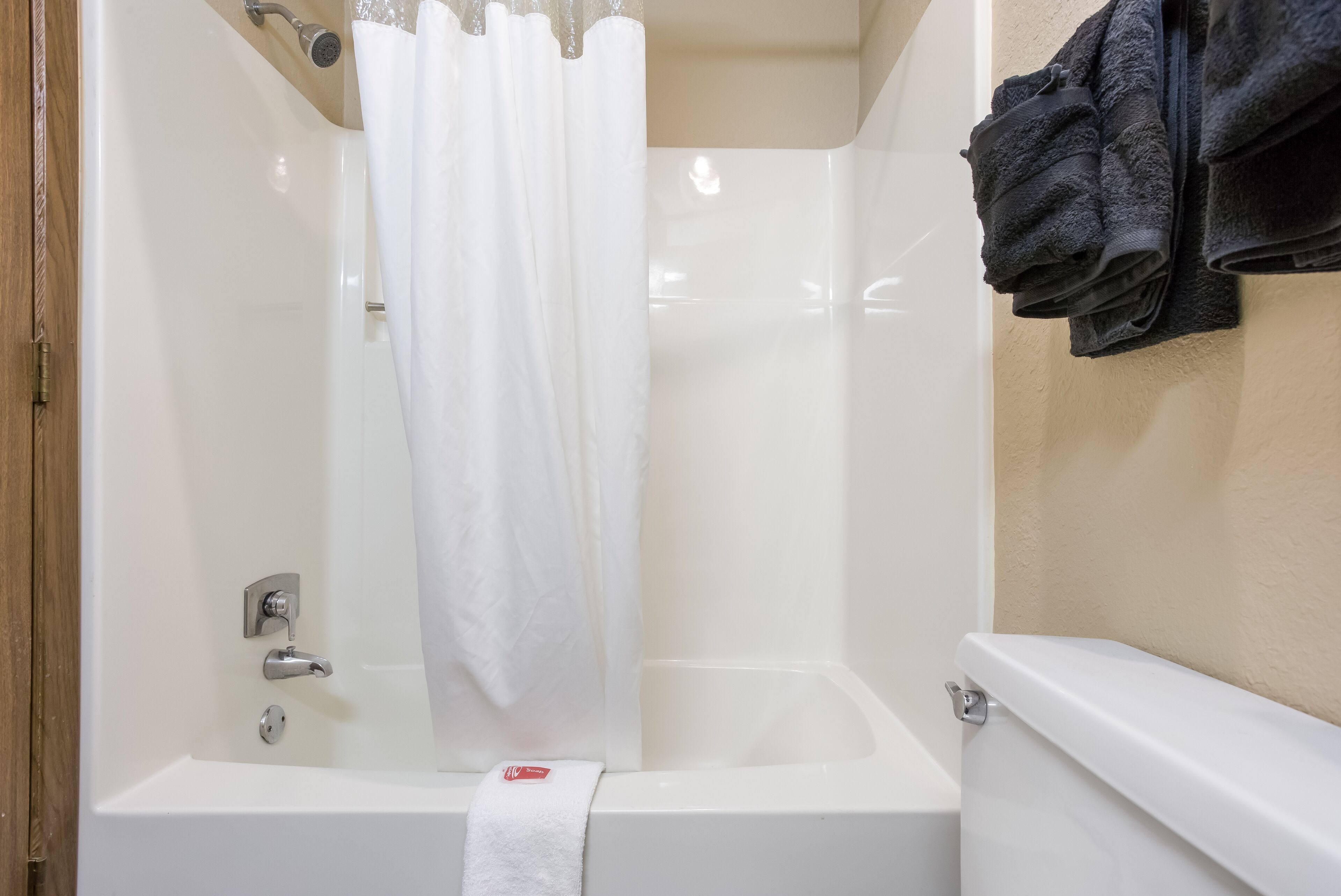 combined shower/bathtub, free toiletries, hair dryer, towels