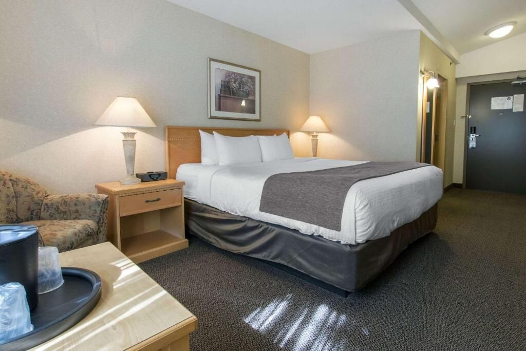 A hotel room with a bed, two bedside lamps, a nightstand, a small table with a tray, a sofa, and a door.