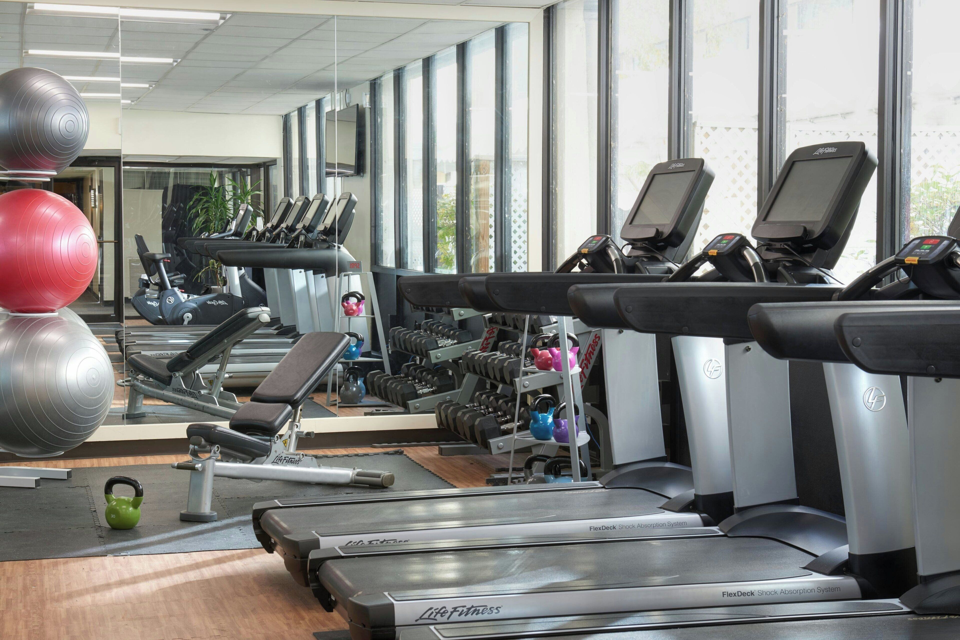 Un gimnasio con cintas de correr, balones de ejercicio y máquinas de pesas.