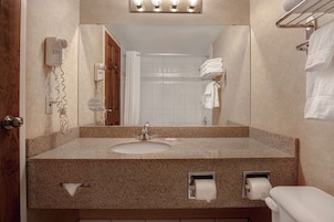 Un baño con lavamanos de encimera de granito, un espejo, un secador de pelo y un perchero para toallas.
