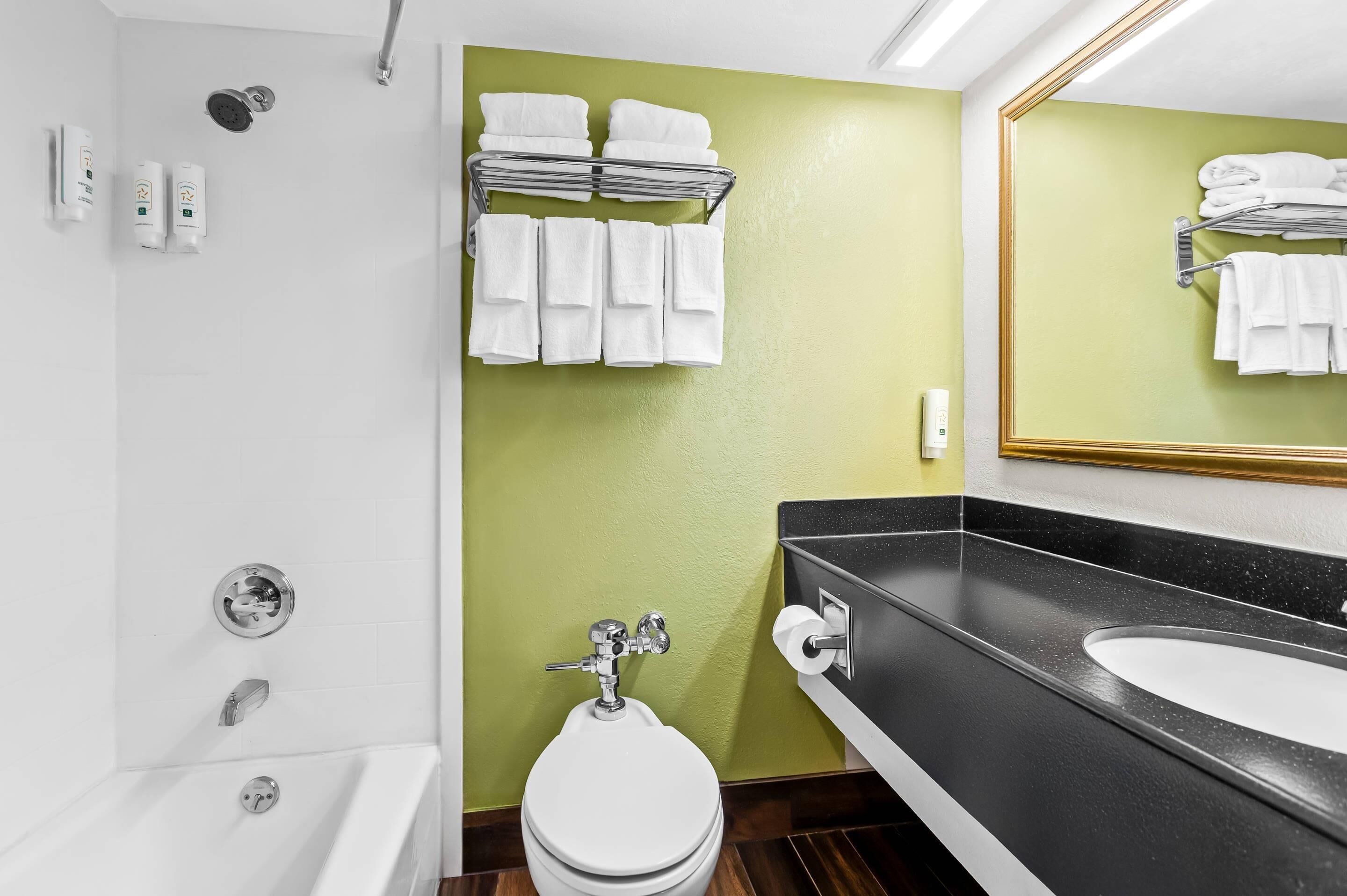 Une salle de bain moderne équipée d’une douche, de toilettes et d’un lavabo.