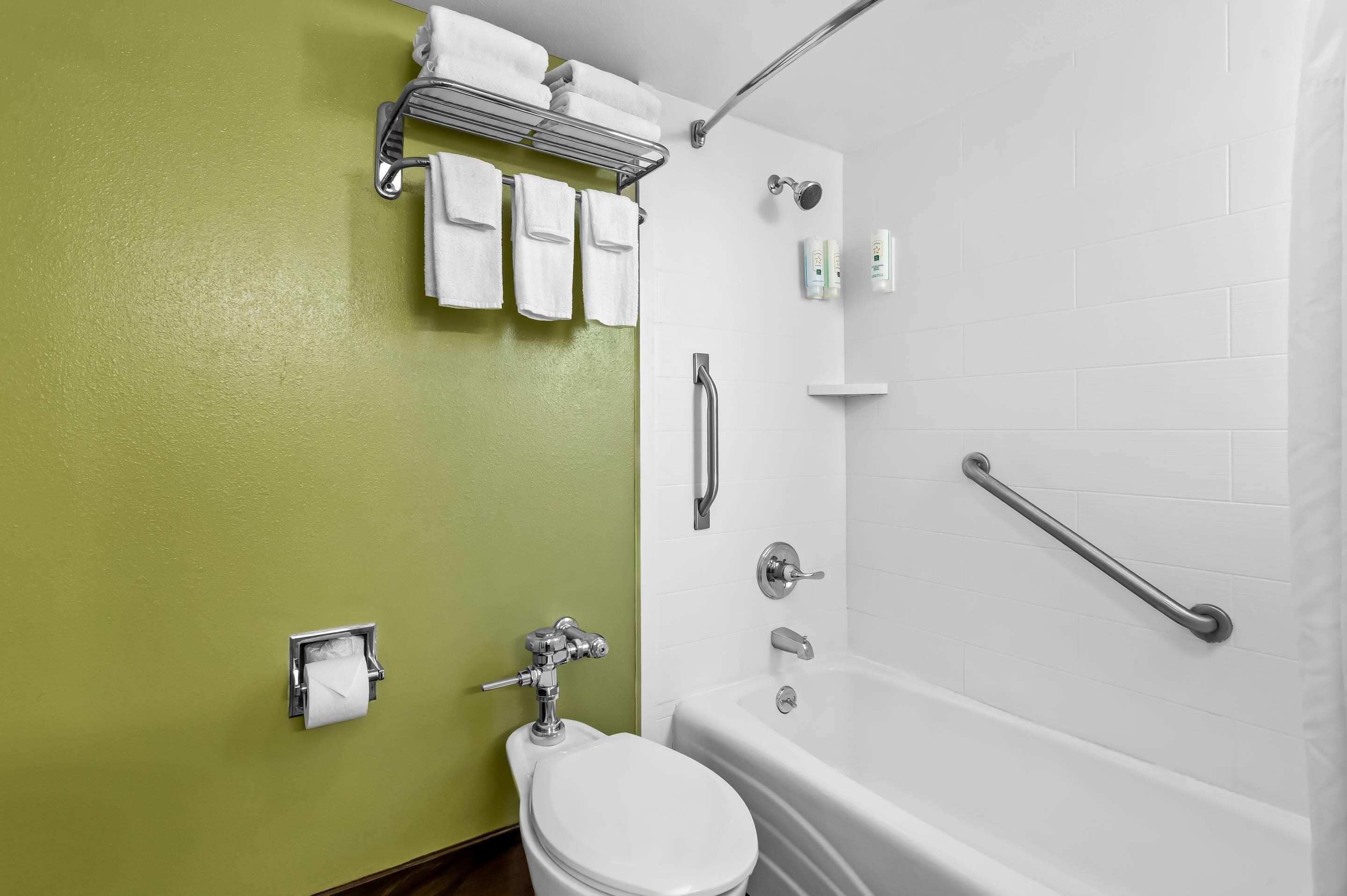 A bathroom with a toilet, a shower, and a bathtub.