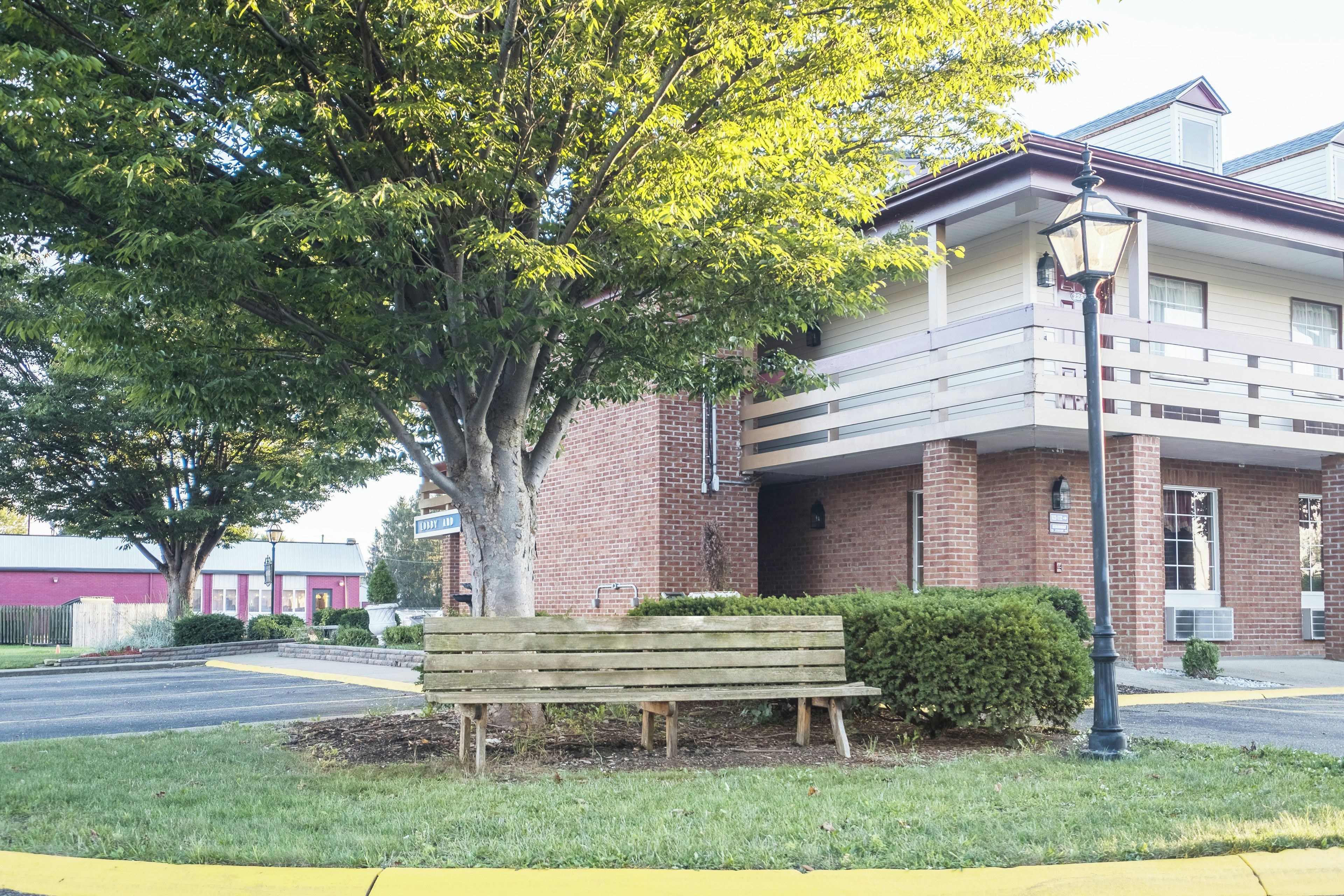 A bench in front of a building with a brick facade and a tree.