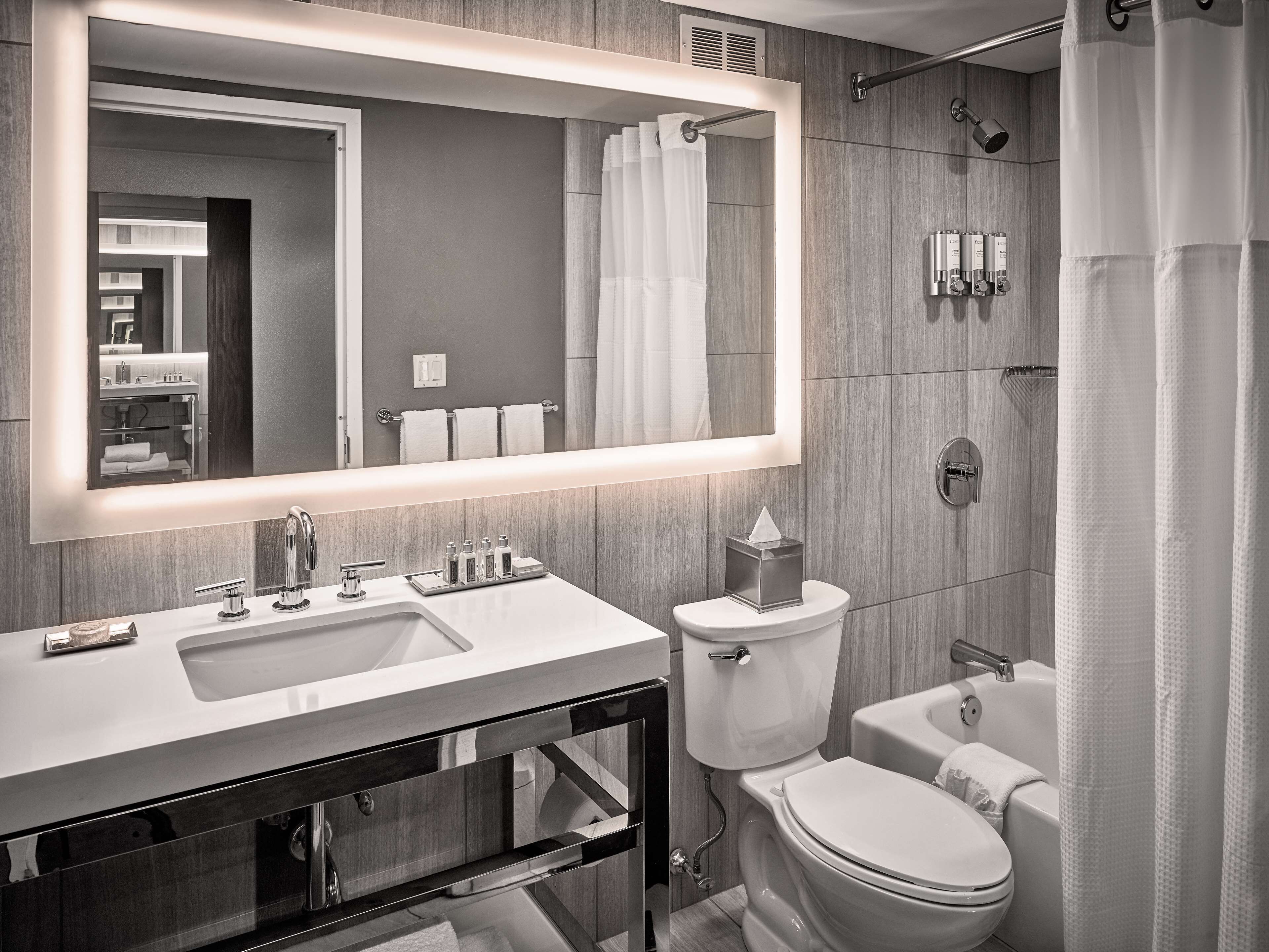 combined shower/bathtub, free toiletries, hair dryer, towels