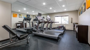 Ein Fitnessraum mit Laufbändern, einer Hantelbank und einer Spiegelwand.