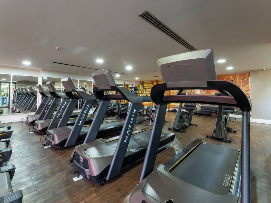 A gym with multiple treadmills, exercise bikes, and weight machines.